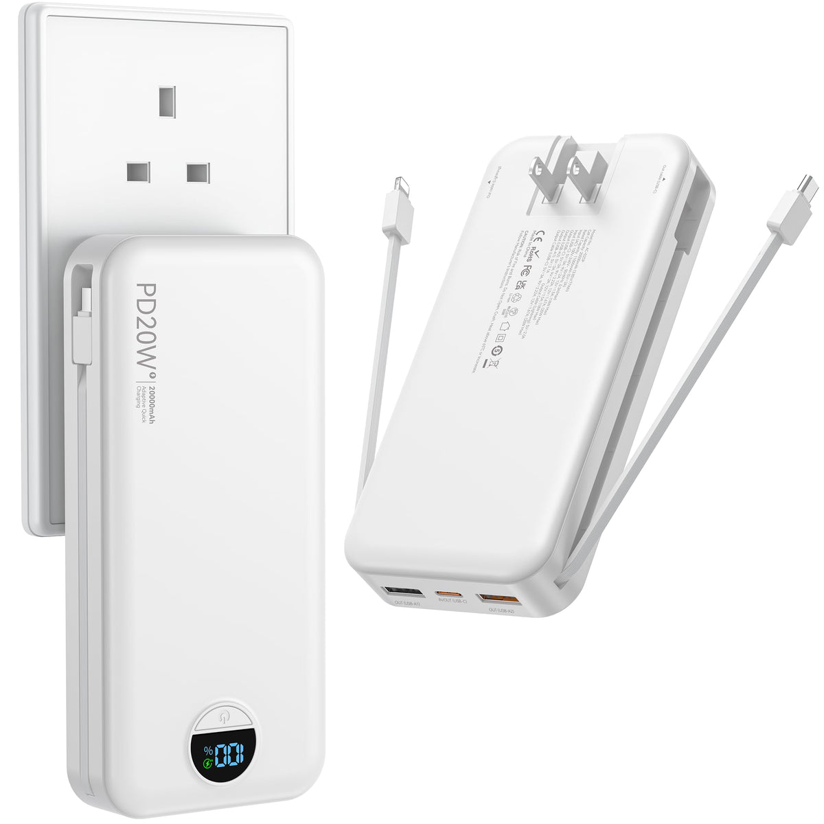 Ffnpua Portable Charger Power Bank 20000mAh PD20W w/Built-in Cables