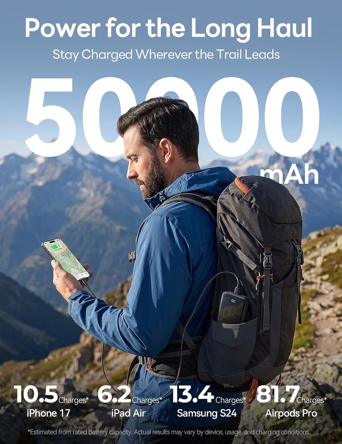 50000mAh Portable Charger, Built-in 4 Cables,22.5W Fast Charging Power Bank