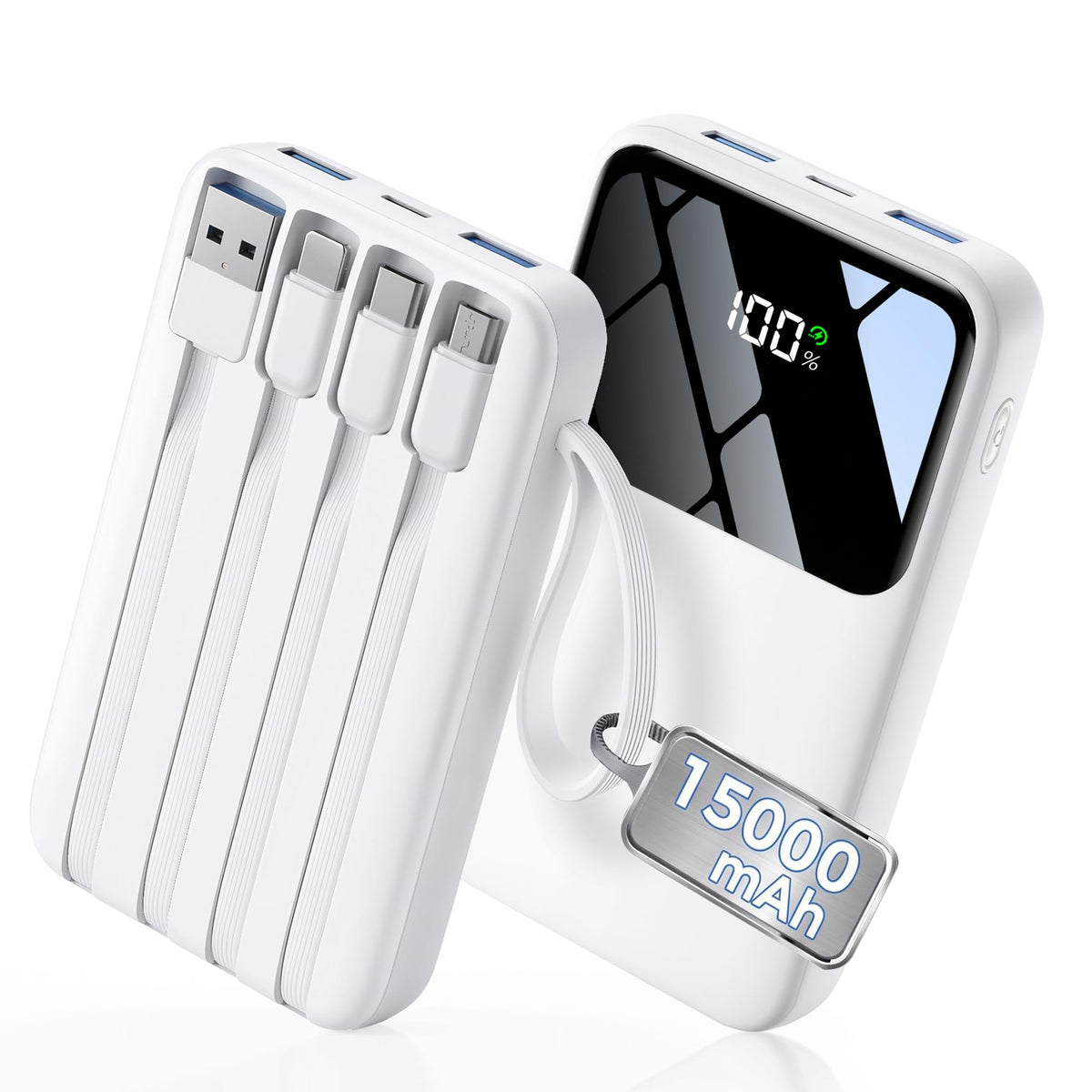 45% Smaller Portable Charger, 15000mAh Power Bank Built-in 4 Cables, Pink