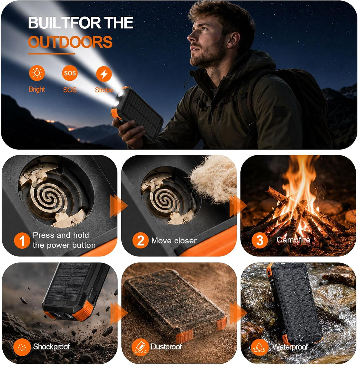 20000mAh Solar Power Bank Emergency Outdoor Battery Pack for Camping Hiking