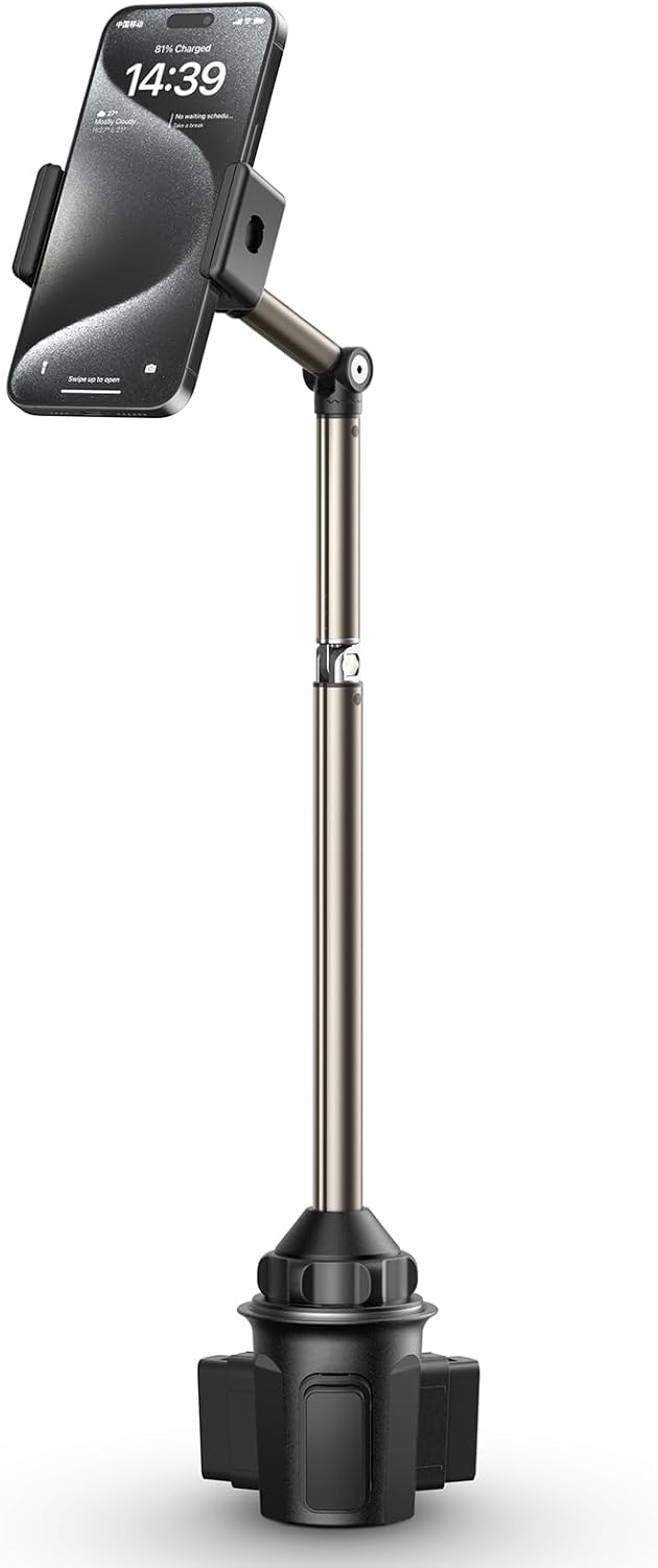 JSAUX Car Cup Holder Phone Mount, Metal Long Arm, Adjustable Base