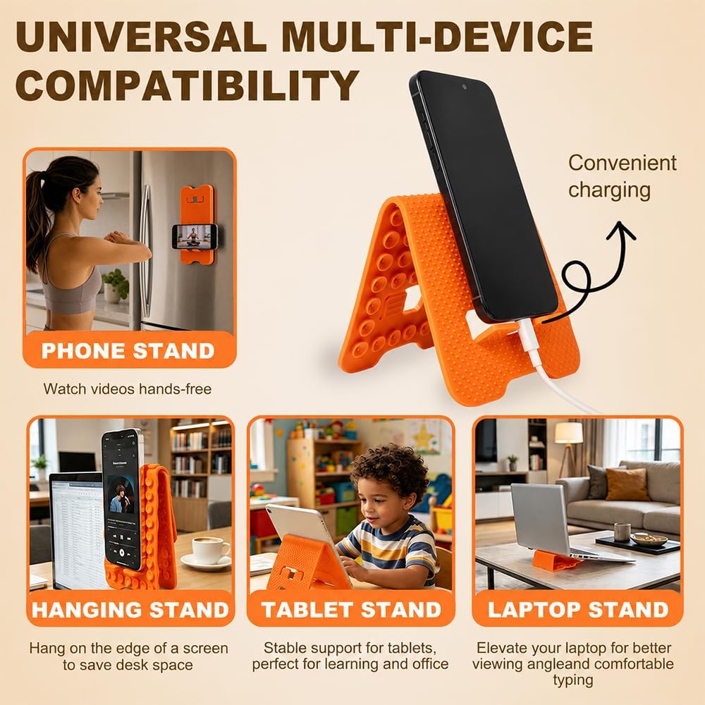 Foldable Silicone Phone Stand, Portable Flexible Cell Phone Holder with Suction Cups, Adjustable Travel Desktop Stand for iPhone, Samsung, Smartphone & Small Tablet - Orange