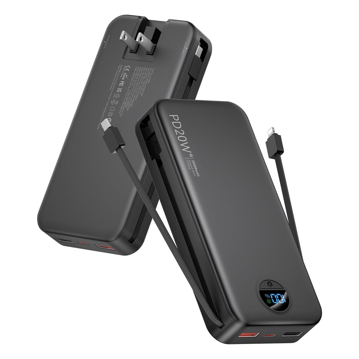 citicr Portable Charger 10000mAh PD20W w/Built-in Cables & Wall Plug Purple