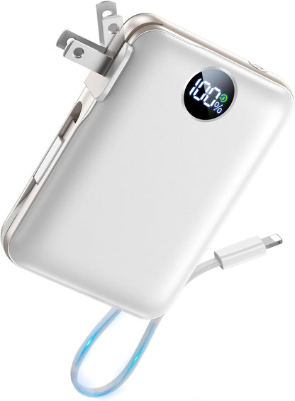 Portable Charger Power Bank 10000mAh, 45% Smaller Built-in Cables & AC Plug