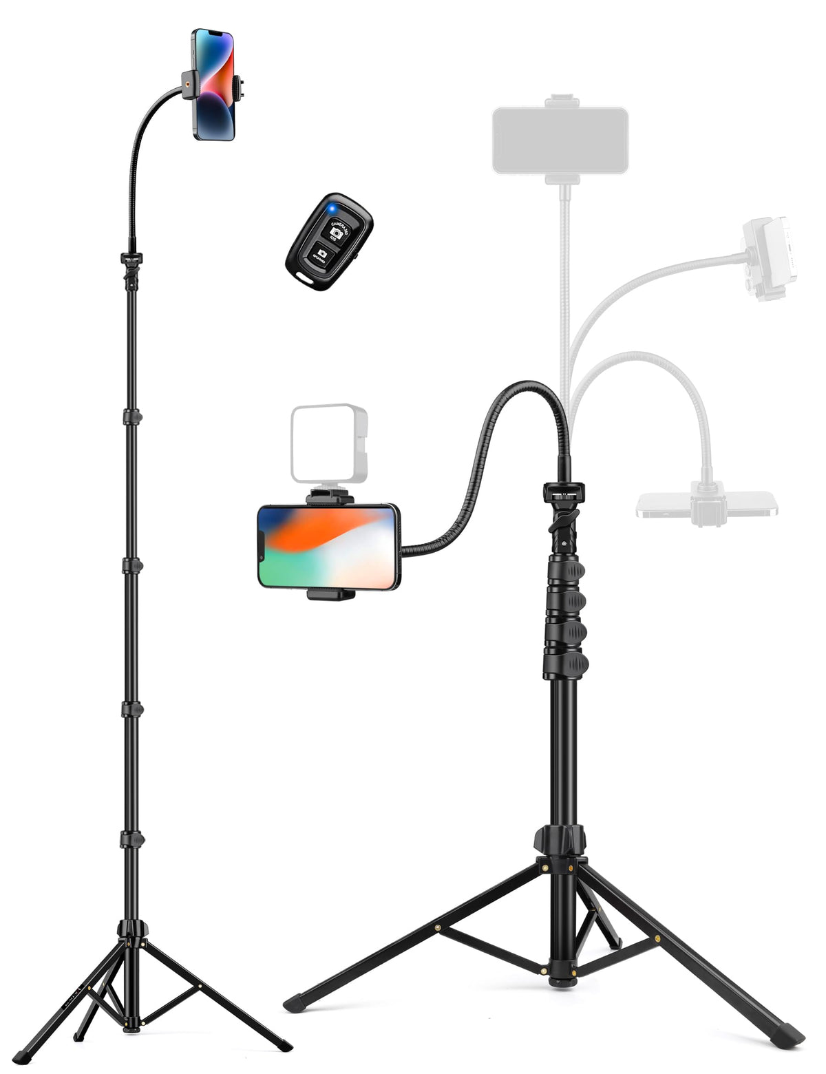 Phone Tripod, 86" Tall Tripod for iPhone with Flexible Gooseneck & Remote
