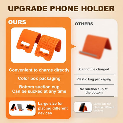 Foldable Silicone Phone Stand, Portable Flexible Cell Phone Holder with Suction Cups, Adjustable Travel Desktop Stand for iPhone, Samsung, Smartphone & Small Tablet - Orange