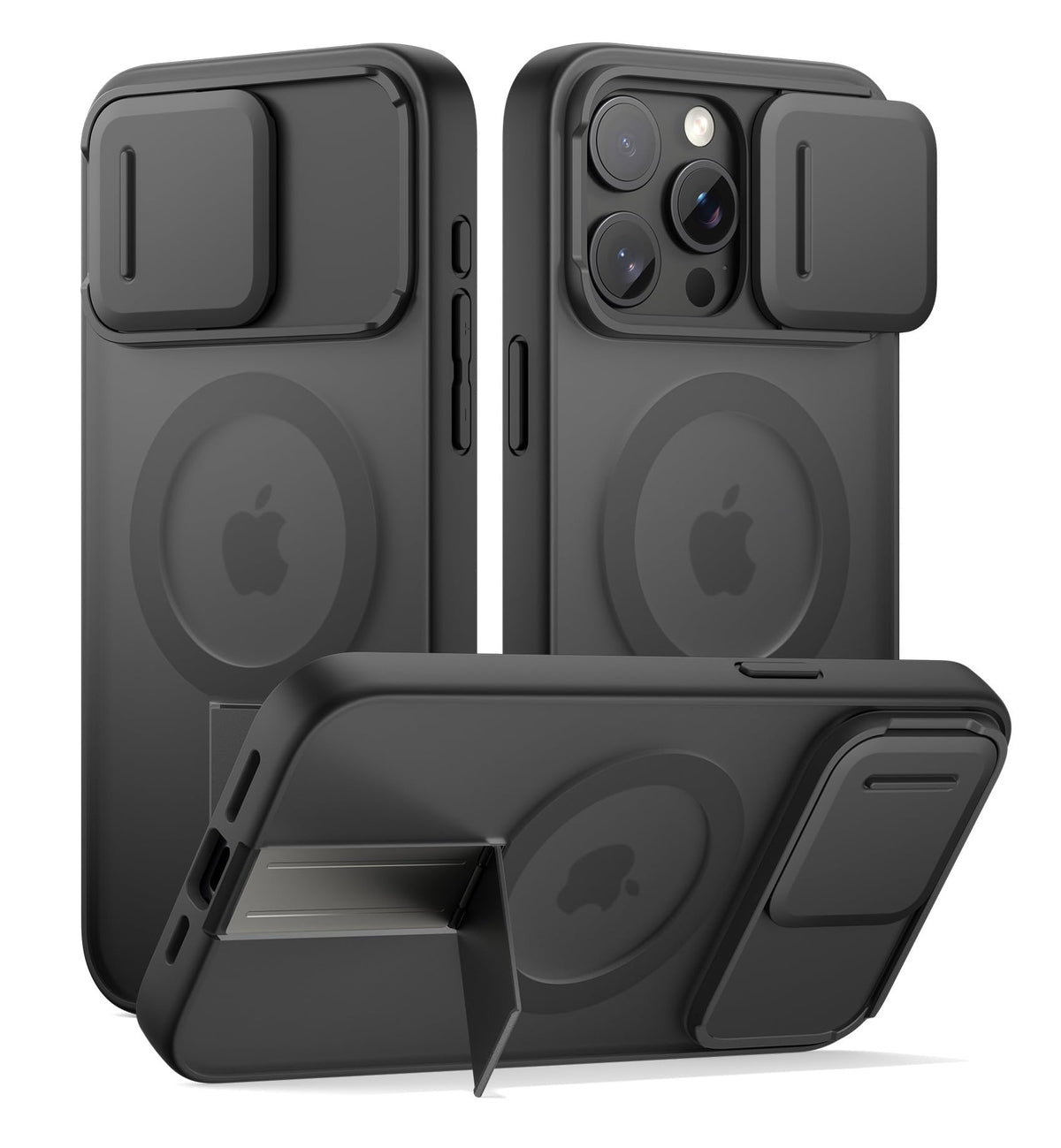 SURITCH for iPhone 15 Case, Compatible with MagSafe, Built-in Kickstand & Camera Cover & Translucent Back, Shockproof Rugged Protective Phone Cover 6.1 Inch, Black