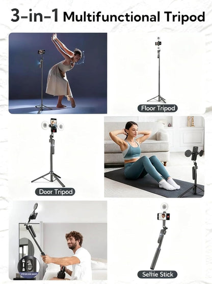 Black Tripod for iPhone with Light, Ring Light Holder for iPhone, Adjustable Selfie Stick Stand with Fill Light, Extendable Phone Tripod for Video Recording, Live Streaming, and Photography