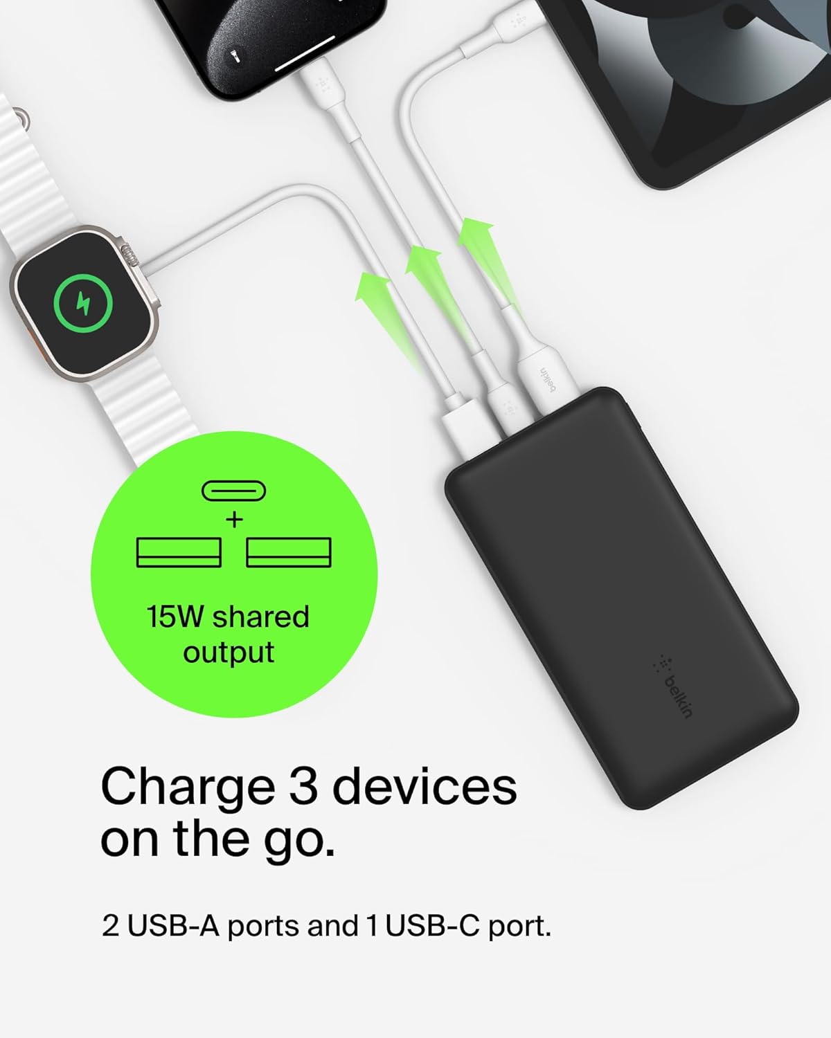 Belkin 20000mAh 15W 3 Port Power Bank, USB A to USB C Cable Included