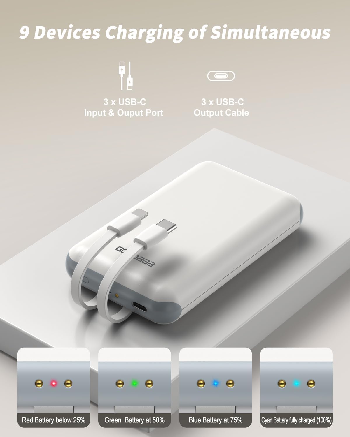 GOODaaa Portable Charger, 3-Pack 10000mAh Slim Power Bank Built in Cables