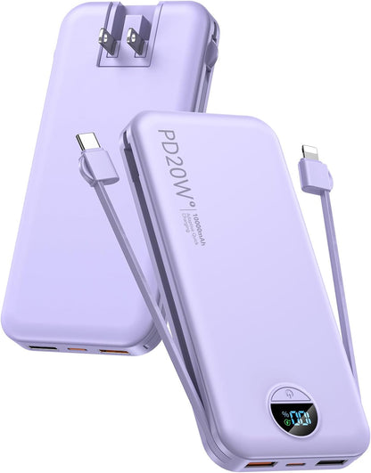 citicr Portable Charger 10000mAh PD20W w/Built-in Cables & Wall Plug Purple