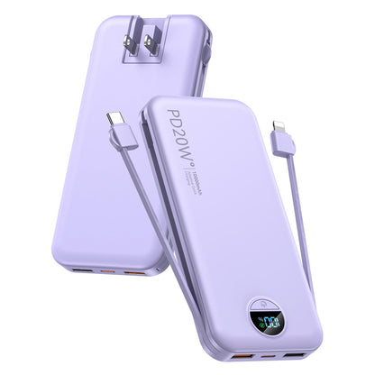 citicr Portable Charger 10000mAh PD20W w/Built-in Cables & Wall Plug Purple