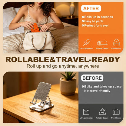 Foldable Silicone Phone Stand, Portable Flexible Cell Phone Holder with Suction Cups, Adjustable Travel Desktop Stand for iPhone, Samsung, Smartphone & Small Tablet - Orange
