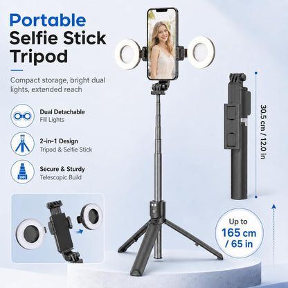 Black Tripod for iPhone with Light, Ring Light Holder for iPhone, Adjustable Selfie Stick Stand with Fill Light, Extendable Phone Tripod for Video Recording, Live Streaming, and Photography