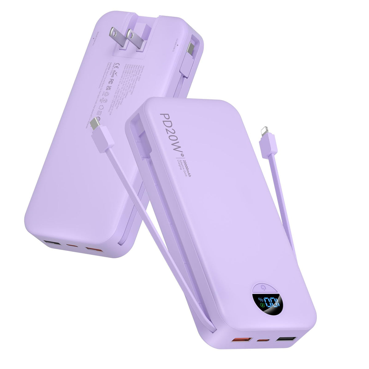 citicr Portable Charger 10000mAh PD20W w/Built-in Cables & Wall Plug Purple