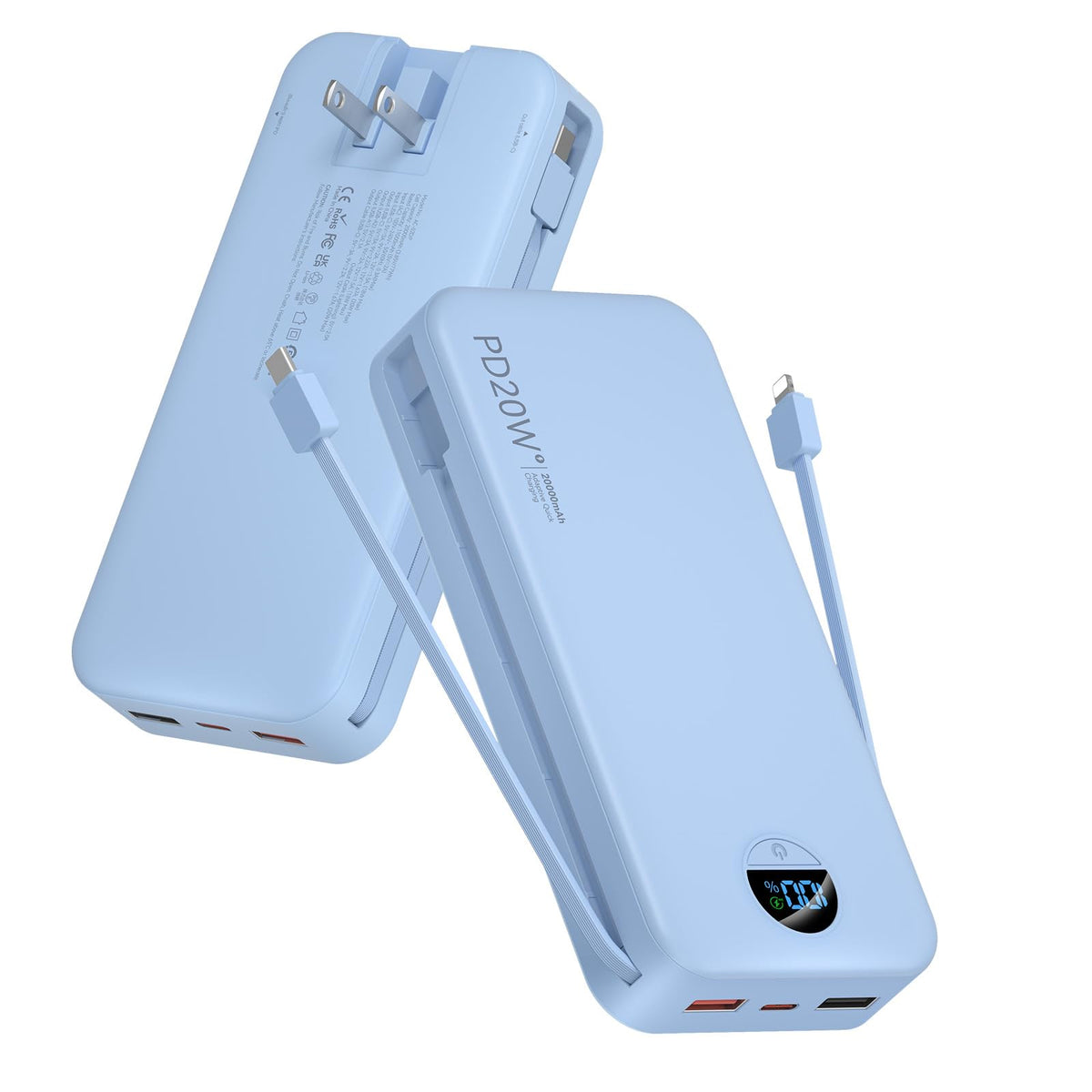 citicr Portable Charger 10000mAh PD20W w/Built-in Cables & Wall Plug Purple