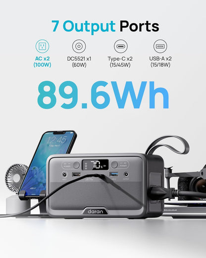 Daran Portable Power Station 89.6Wh LiFePO4 Battery 100W(200W Peak) Solar Power Bank, Portable Charger Small Generator with AC Outlets & PD Fast Charging for Home/Laptop/Camping(Solar Panel Optional)