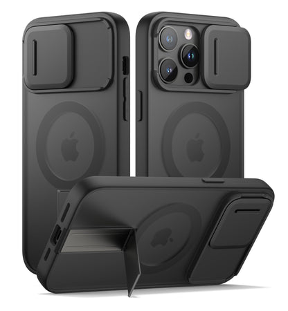 SURITCH for iPhone 15 Case, Compatible with MagSafe, Built-in Kickstand & Camera Cover & Translucent Back, Shockproof Rugged Protective Phone Cover 6.1 Inch, Black