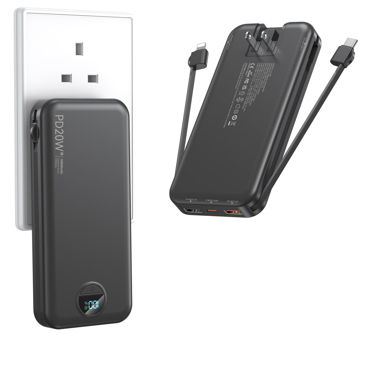 Ffnpua Portable Charger Power Bank 20000mAh PD20W w/Built-in Cables