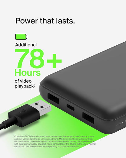 Belkin 20000mAh 15W 3 Port Power Bank, USB A to USB C Cable Included
