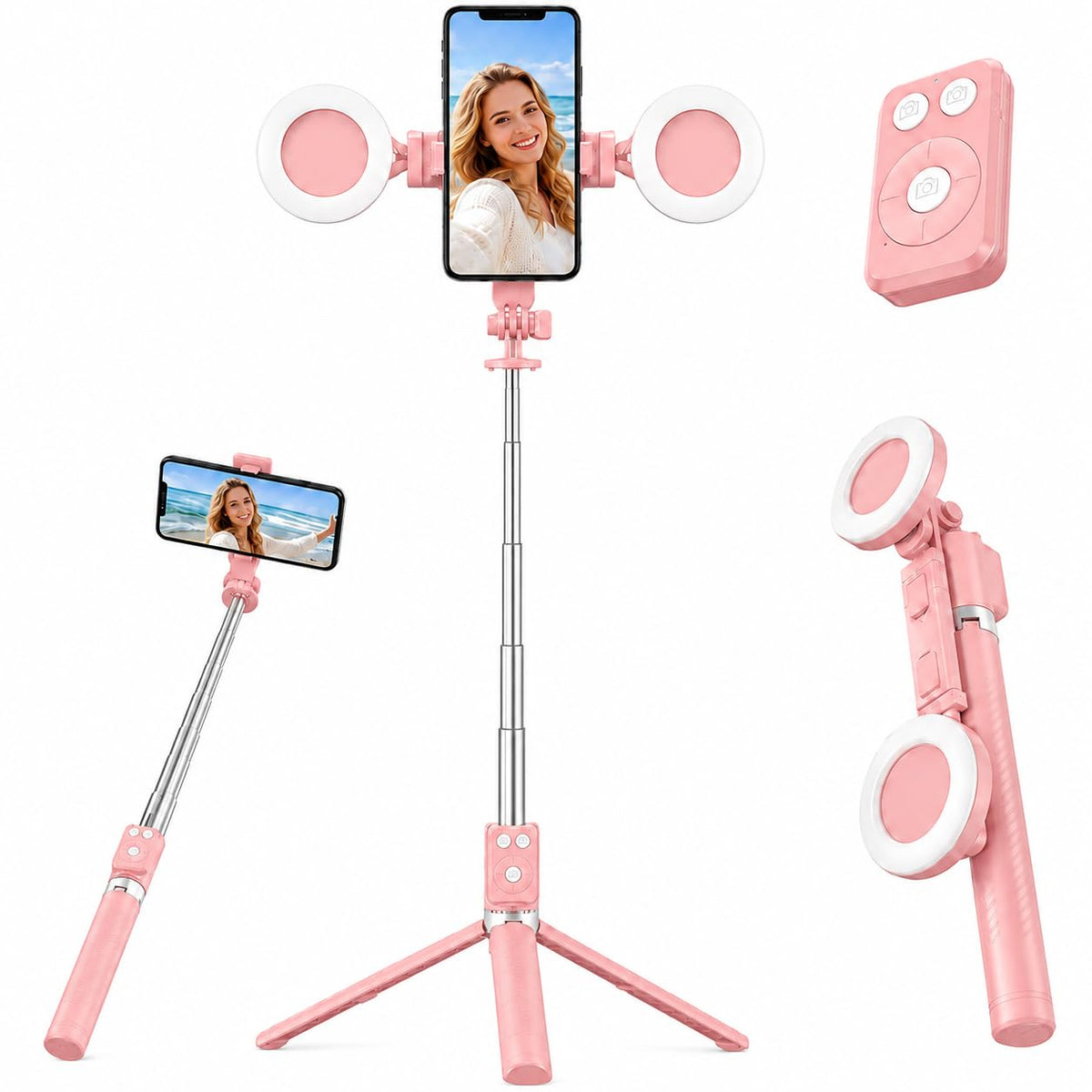 Black Tripod for iPhone with Light, Ring Light Holder for iPhone, Adjustable Selfie Stick Stand with Fill Light, Extendable Phone Tripod for Video Recording, Live Streaming, and Photography