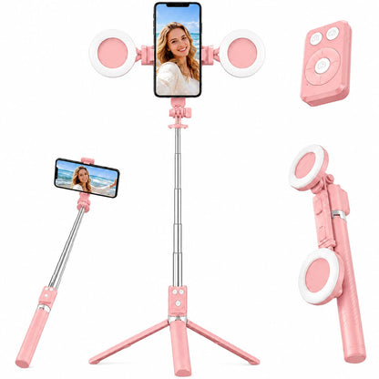 Black Tripod for iPhone with Light, Ring Light Holder for iPhone, Adjustable Selfie Stick Stand with Fill Light, Extendable Phone Tripod for Video Recording, Live Streaming, and Photography