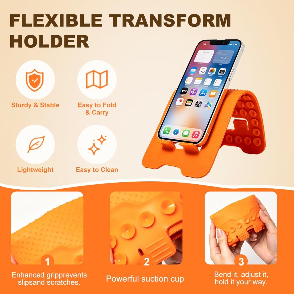 Foldable Silicone Phone Stand, Portable Flexible Cell Phone Holder with Suction Cups, Adjustable Travel Desktop Stand for iPhone, Samsung, Smartphone & Small Tablet - Orange