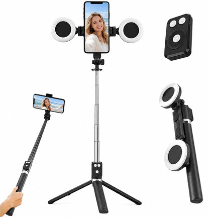 Black Tripod for iPhone with Light, Ring Light Holder for iPhone, Adjustable Selfie Stick Stand with Fill Light, Extendable Phone Tripod for Video Recording, Live Streaming, and Photography
