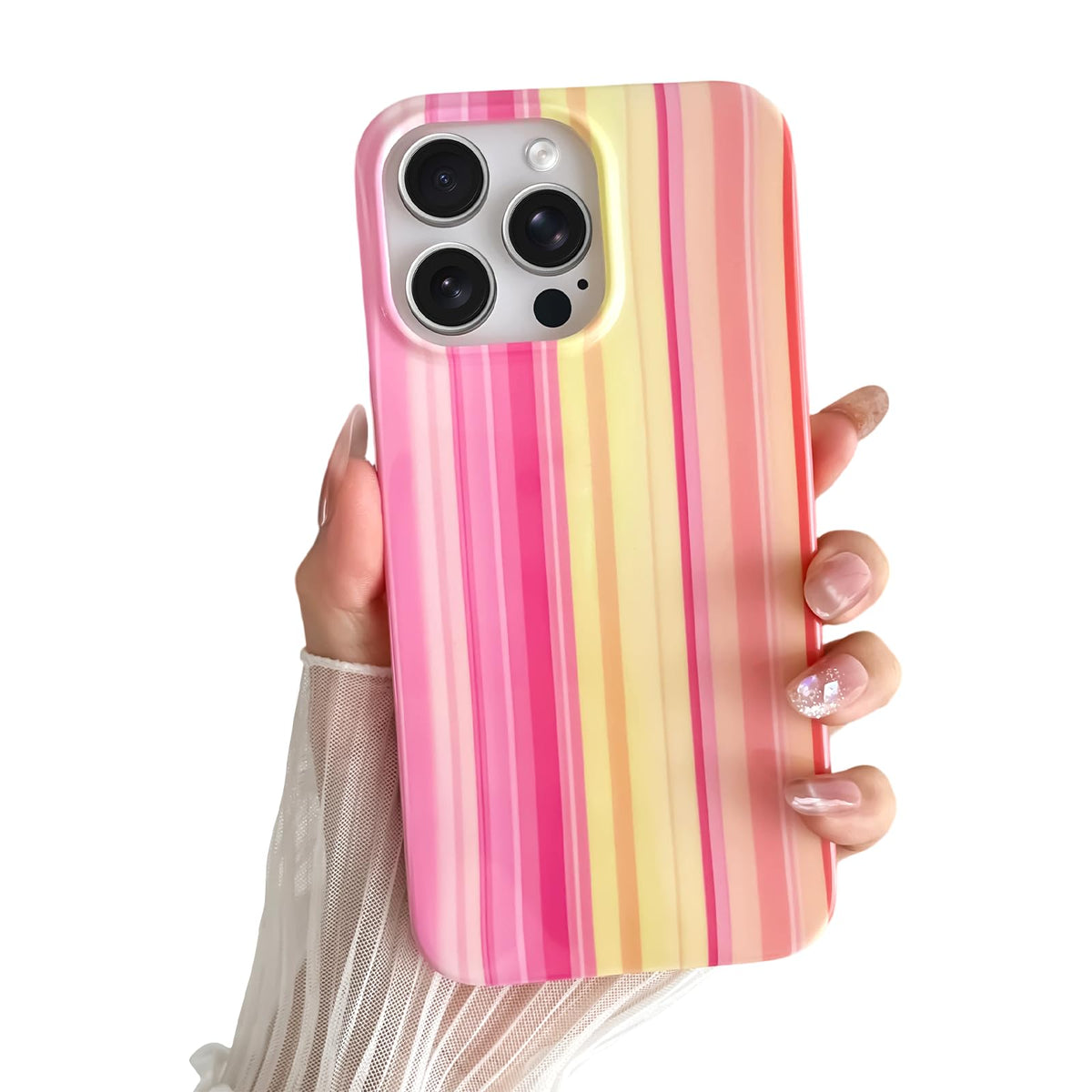 Yeddabox for iPhone 16 Pro Case Cute Striped Phone Case Soft TPU Slim Shockproof Phone Cover for Women Girls, Pink and Yellow