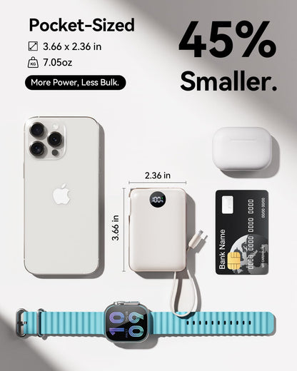 Portable Charger Power Bank 10000mAh, 45% Smaller Built-in Cables & AC Plug