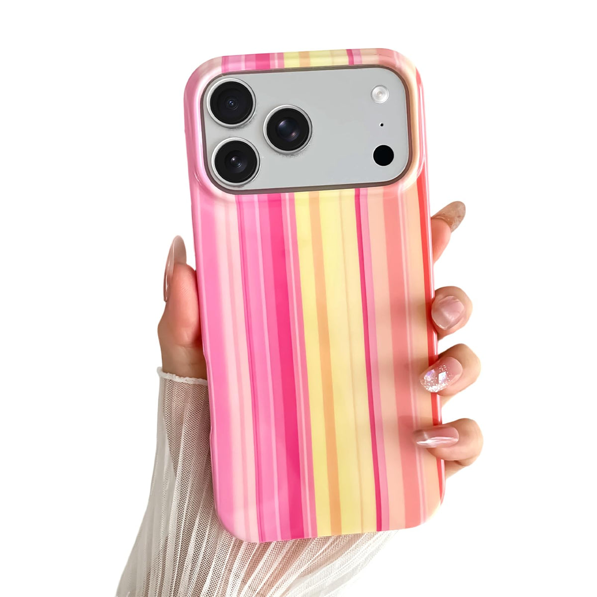 Yeddabox for iPhone 16 Pro Case Cute Striped Phone Case Soft TPU Slim Shockproof Phone Cover for Women Girls, Pink and Yellow