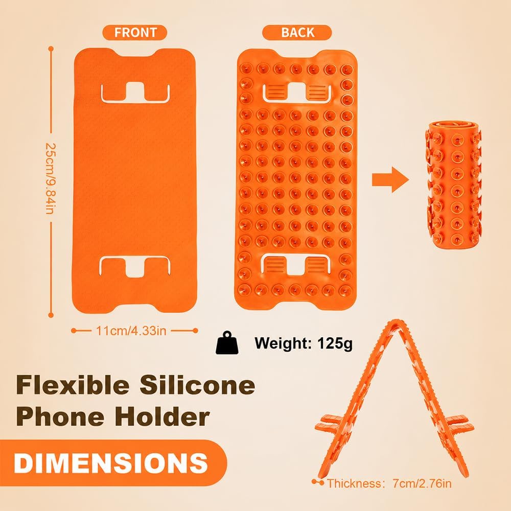 Foldable Silicone Phone Stand, Portable Flexible Cell Phone Holder with Suction Cups, Adjustable Travel Desktop Stand for iPhone, Samsung, Smartphone & Small Tablet - Orange