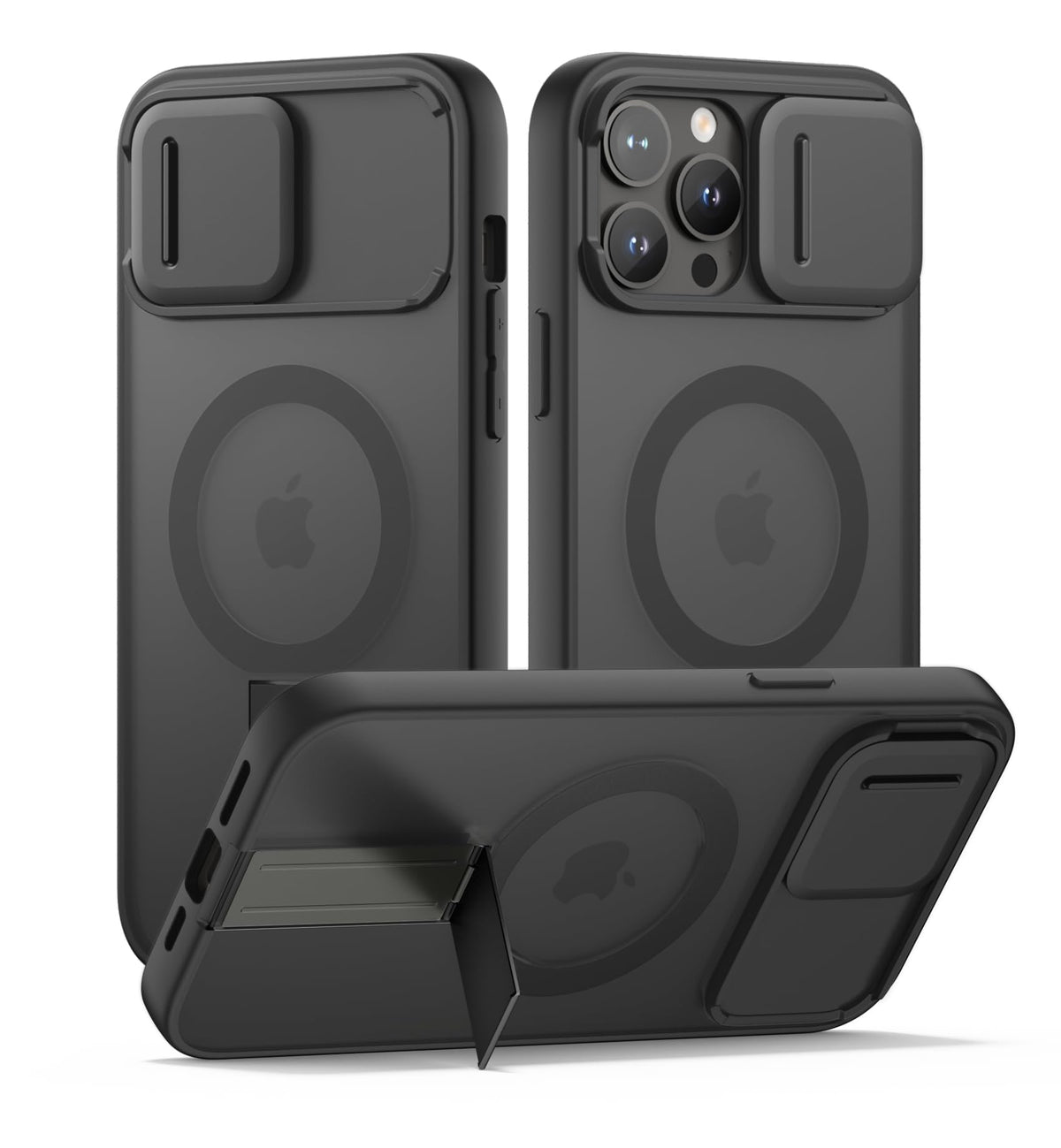 SURITCH for iPhone 15 Case, Compatible with MagSafe, Built-in Kickstand & Camera Cover & Translucent Back, Shockproof Rugged Protective Phone Cover 6.1 Inch, Black