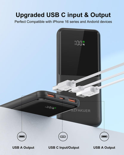 Portable Charger,Slim 10000mAh Power Bank,22.5W USB-C Fast Charging Battery Pack Compatible with iPhone 17/16/15/14/13/12 Pro Samsung Galaxy, iPad, AirPods, Android Tablets (Black)