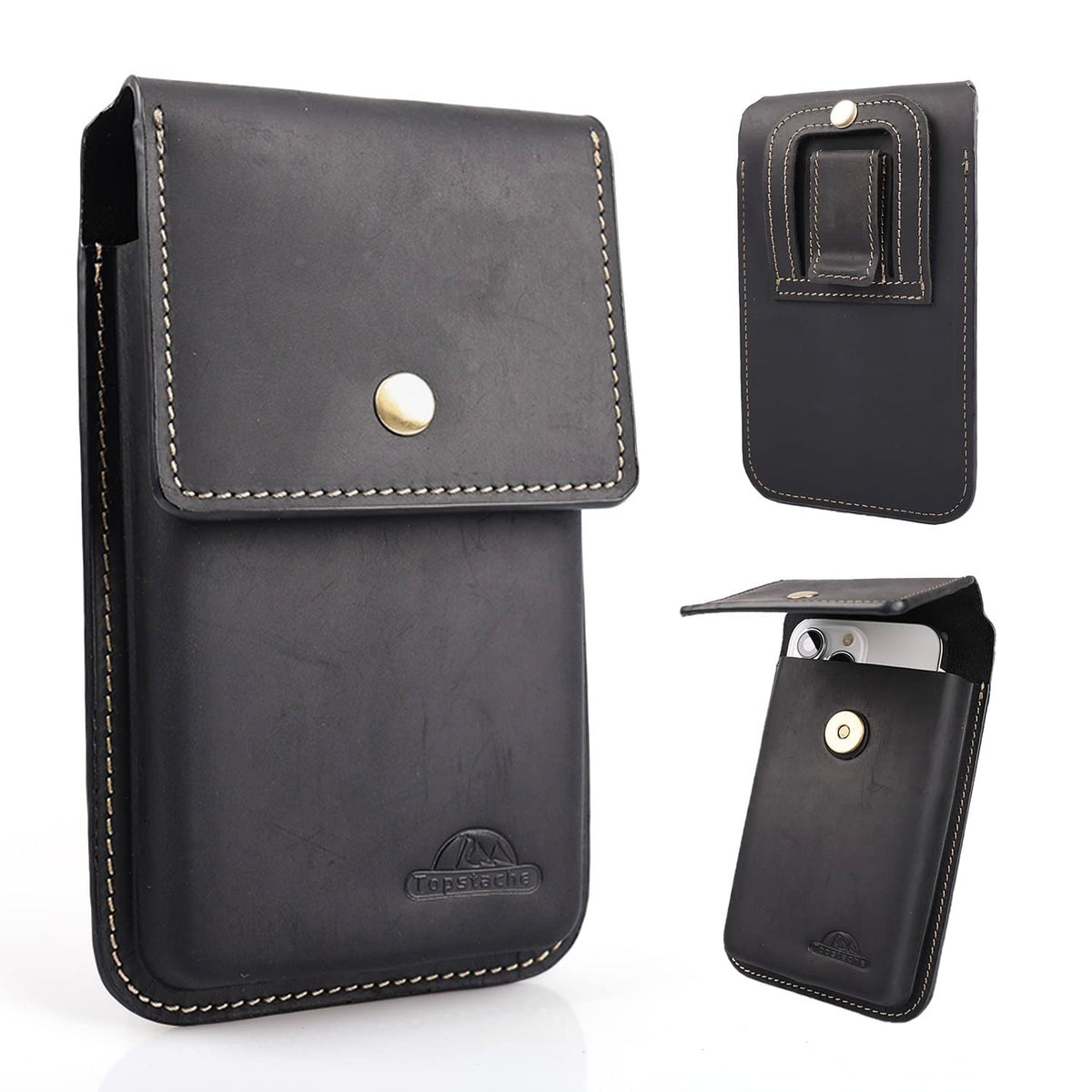 Topstache Leather Phone Holster for iPhone 17/16/15/14/13 Pro Max & Plus - Belt Clip Cell Phone Case for Galaxy S25/S24/S23 Ultra & Plus - Leather Belt Holder Pouch for Men, XL,Darkbrown