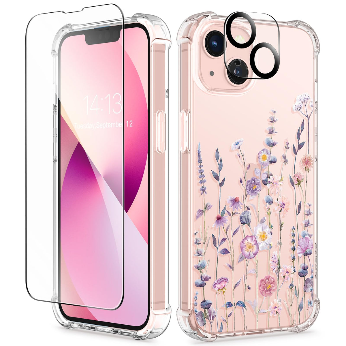 GVIEWIN for iPhone 14 Case Floral, Screen Protector & Camera Lens Protector
