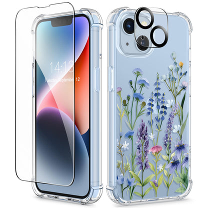 GVIEWIN for iPhone 14 Case Floral, Screen Protector & Camera Lens Protector