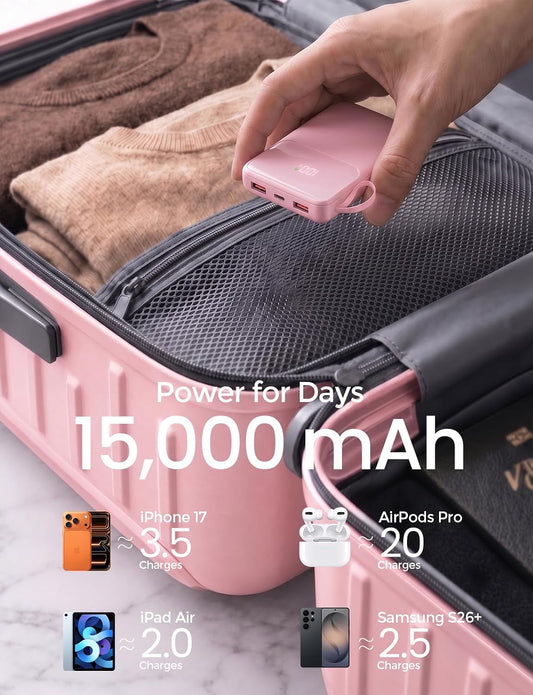 45% Smaller Portable Charger, 15000mAh Power Bank Built-in 4 Cables, Pink