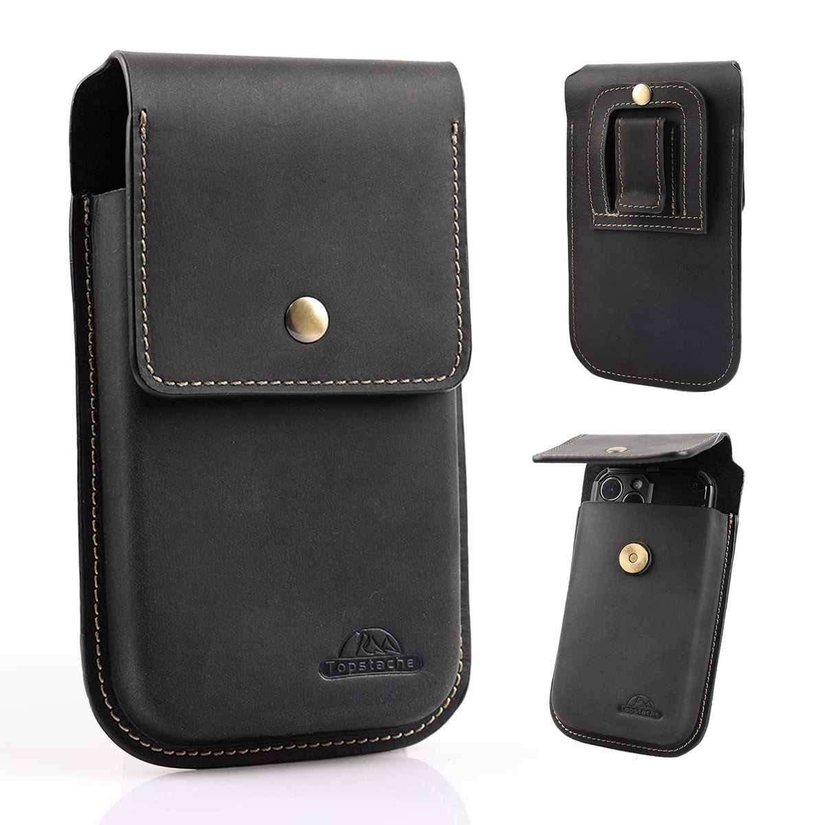 Topstache Leather Phone Holster for iPhone 17/16/15/14/13 Pro Max & Plus - Belt Clip Cell Phone Case for Galaxy S25/S24/S23 Ultra & Plus - Leather Belt Holder Pouch for Men, XL,Darkbrown