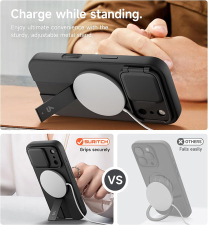 SURITCH for iPhone 17 Pro Max Case with Camera Control Cover, Camera Cover and Adjustable Kickstand, Compatible with MagSafe, Shockproof Bumper Protective Cases 6.9 Inch, Black