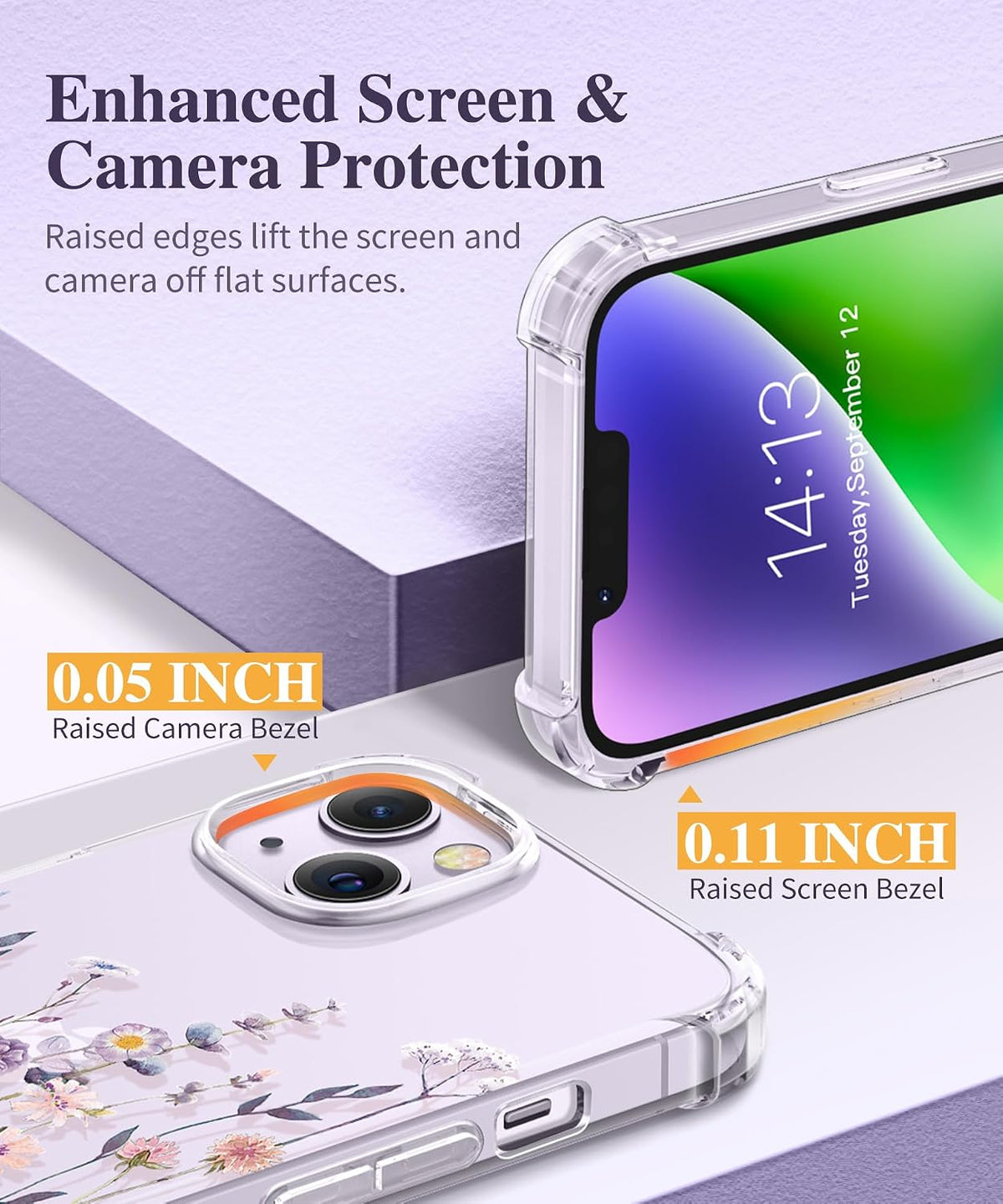 GVIEWIN for iPhone 14 Case Floral, Screen Protector & Camera Lens Protector
