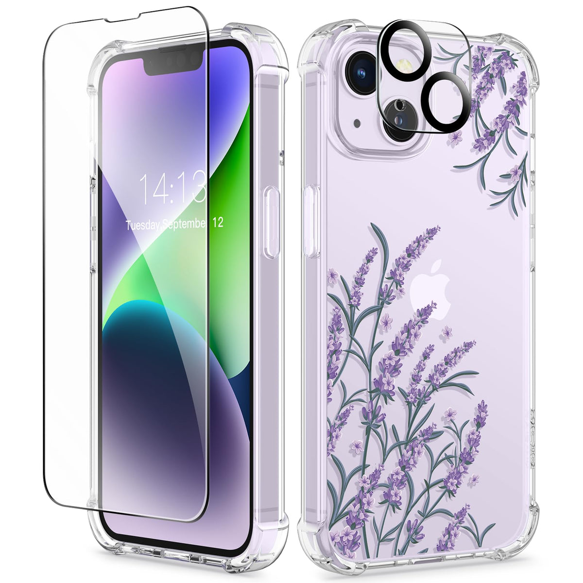 GVIEWIN for iPhone 14 Case Floral, Screen Protector & Camera Lens Protector