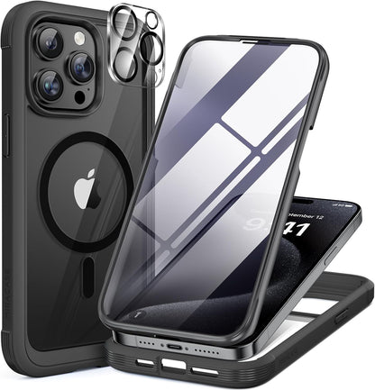 Miracase Magnetic for iPhone 15 Pro Max Case 6.7'' [Compatible with Magsafe] Full-Body Drop Proof Bumper Phone Case for iPhone 15 Pro Max with Built-in 9H Tempered Glass Screen Protector,Black
