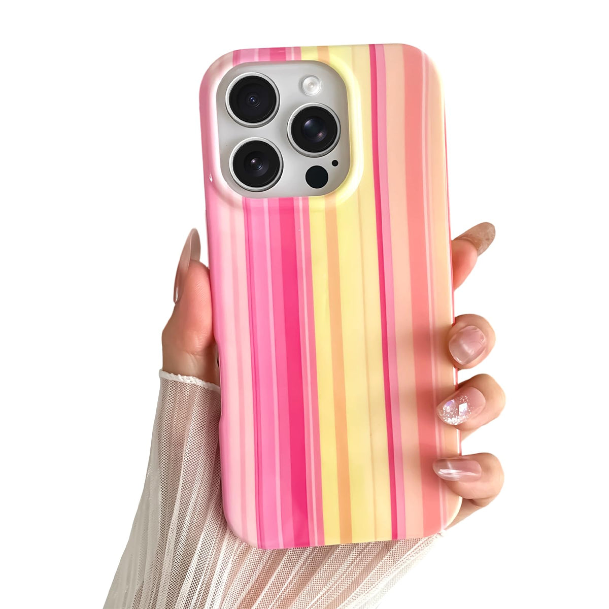 Yeddabox for iPhone 16 Pro Case Cute Striped Phone Case Soft TPU Slim Shockproof Phone Cover for Women Girls, Pink and Yellow