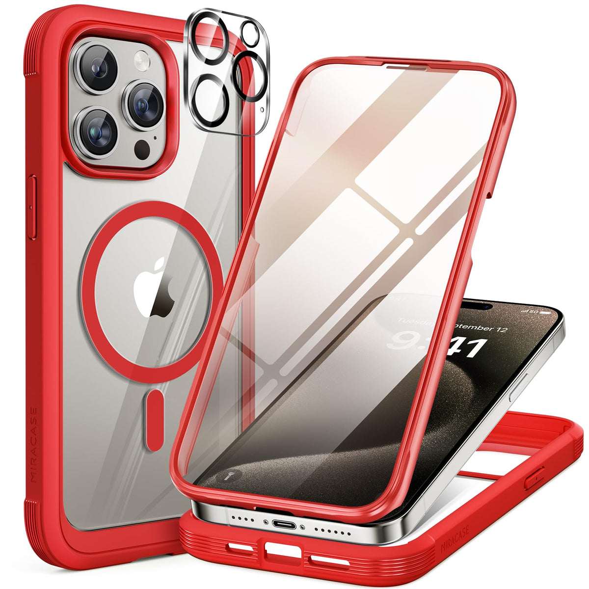Miracase Magnetic for iPhone 15 Pro Max Case 6.7'' [Compatible with Magsafe] Full-Body Drop Proof Bumper Phone Case for iPhone 15 Pro Max with Built-in 9H Tempered Glass Screen Protector,Black