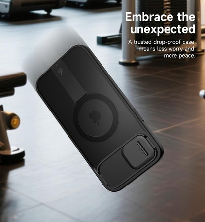 SURITCH for iPhone 15 Case, Compatible with MagSafe, Built-in Kickstand & Camera Cover & Translucent Back, Shockproof Rugged Protective Phone Cover 6.1 Inch, Black