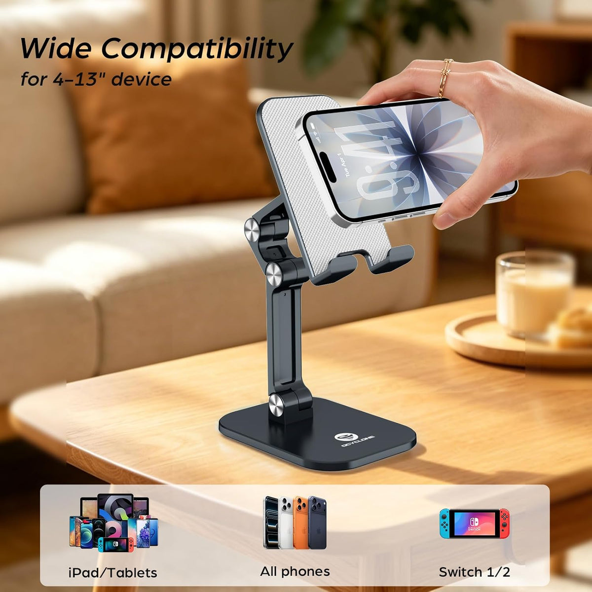 OCYCLONE Phone Stand for Desk, Foldable Cell Phone Stand Holder, Black