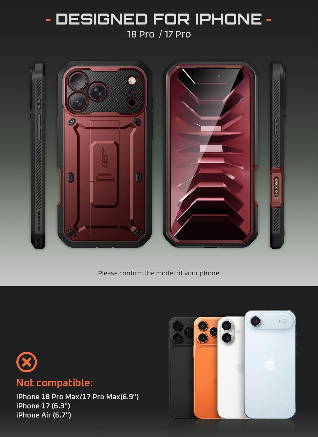 SUPCASE for iPhone 18 Pro Case / 17 Pro Case with Belt Clip, Burgundy