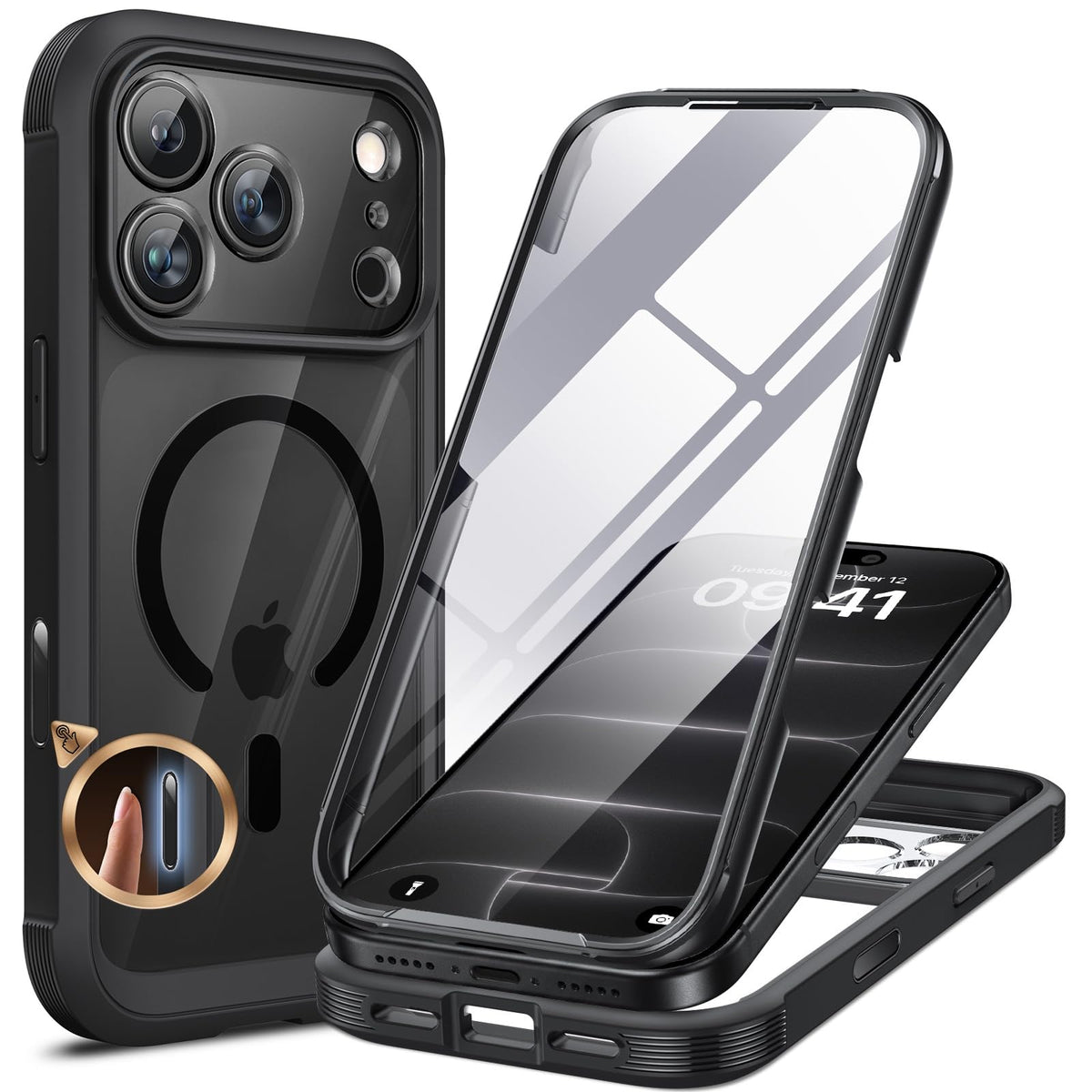 Miracase Magnetic for iPhone 15 Pro Max Case 6.7'' [Compatible with Magsafe] Full-Body Drop Proof Bumper Phone Case for iPhone 15 Pro Max with Built-in 9H Tempered Glass Screen Protector,Black