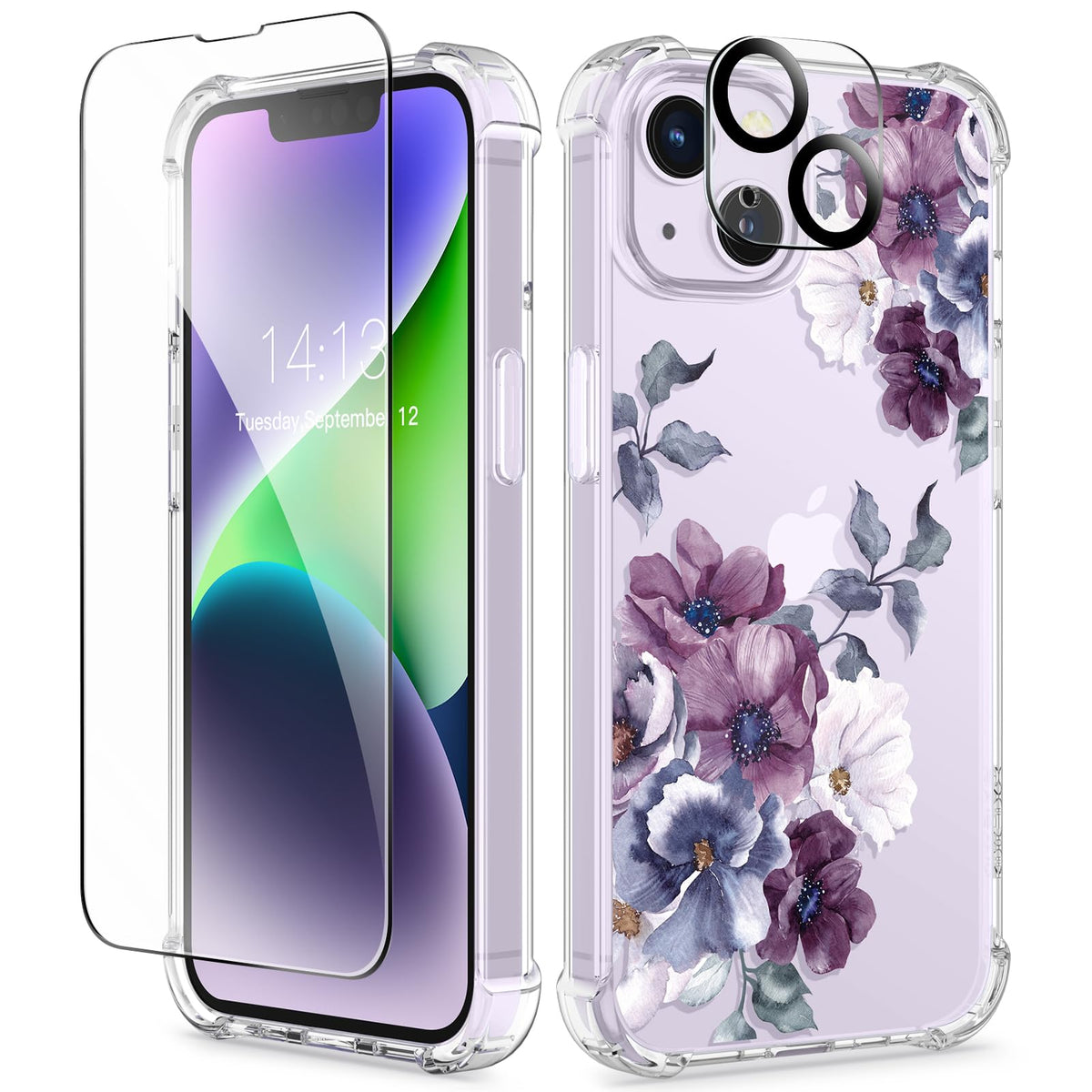 GVIEWIN for iPhone 14 Case Floral, Screen Protector & Camera Lens Protector